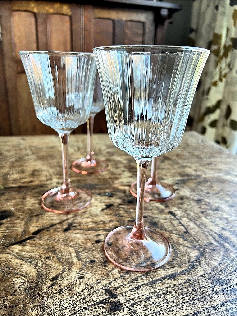 Vintage pink steam wine glasses made in France